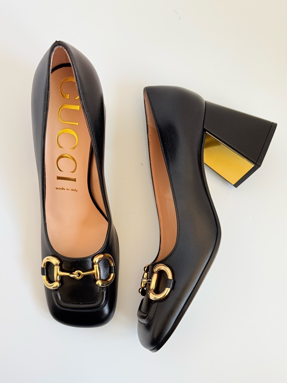 Gucci Malaga Kid Leather baby Horsebit Pumps Black Gold Block Heel EU 39 New